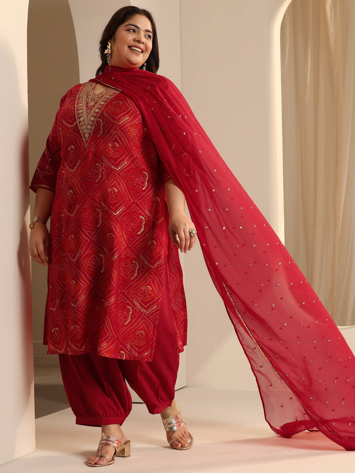 Red Bandhani Printed Silk blend Straight Suit Set With Dupatta