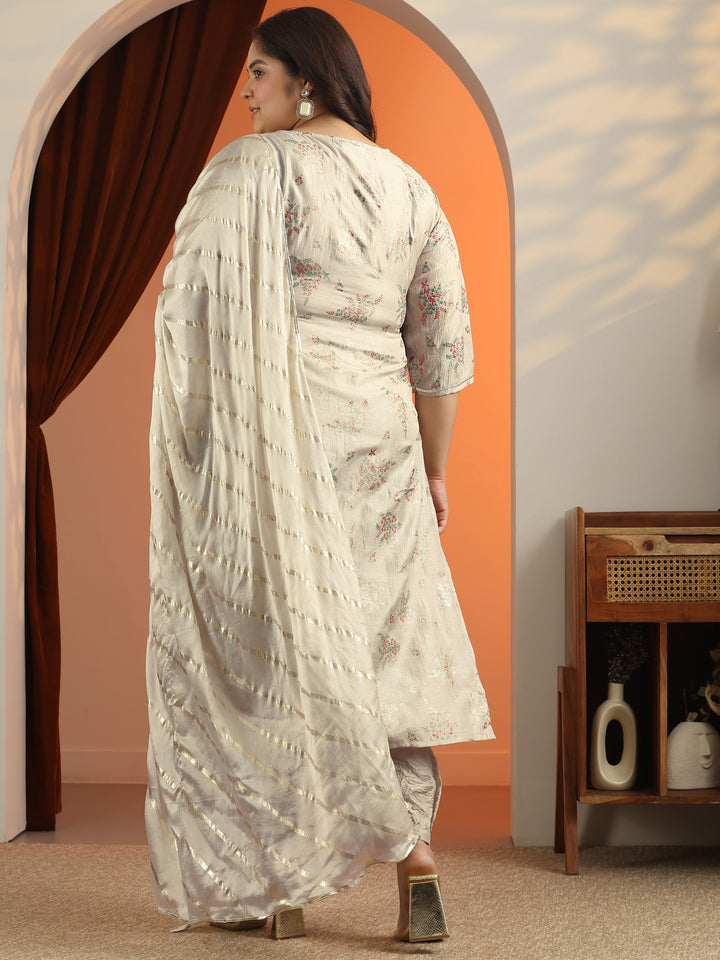 Plus Size Grey Floral Printed Silk blend Straight Suit Set With Dupatta