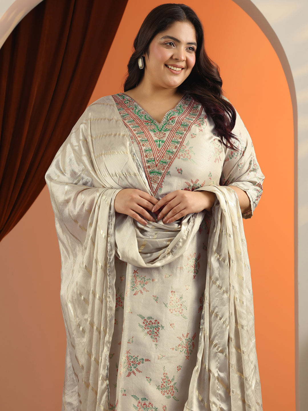 Plus Size Grey Floral Printed Silk blend Straight Suit Set With Dupatta