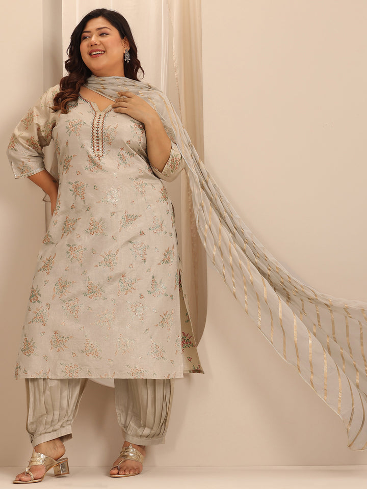 Plus Size Grey Printed Silk Blend Straight Suit Set With Dupatta
