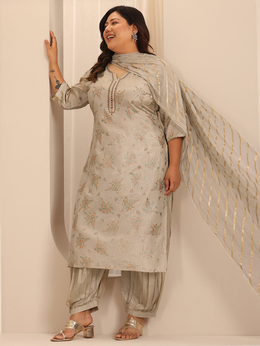 Plus Size Grey Printed Silk Blend Straight Suit Set With Dupatta
