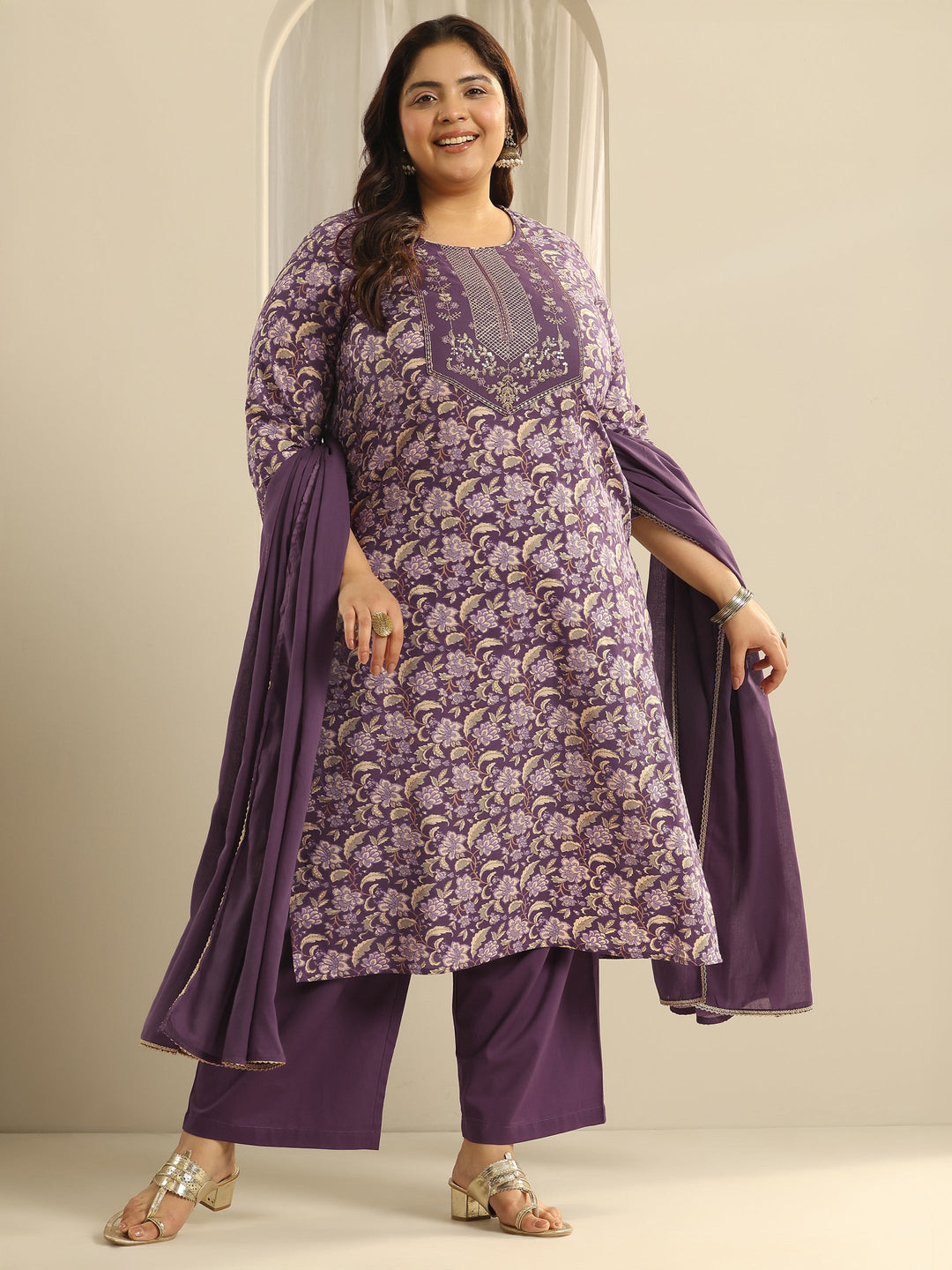Plus Size Purple Yoke Design Cotton Straight Suit Set With Dupatta