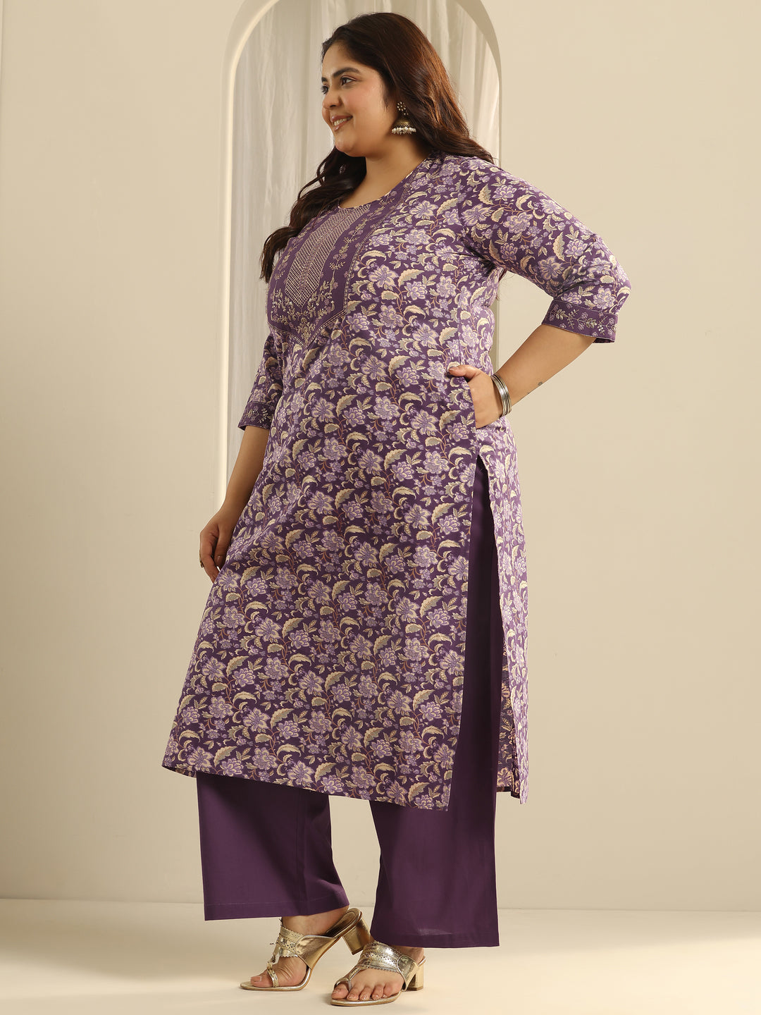 Plus Size Purple Yoke Design Cotton Straight Suit Set With Dupatta