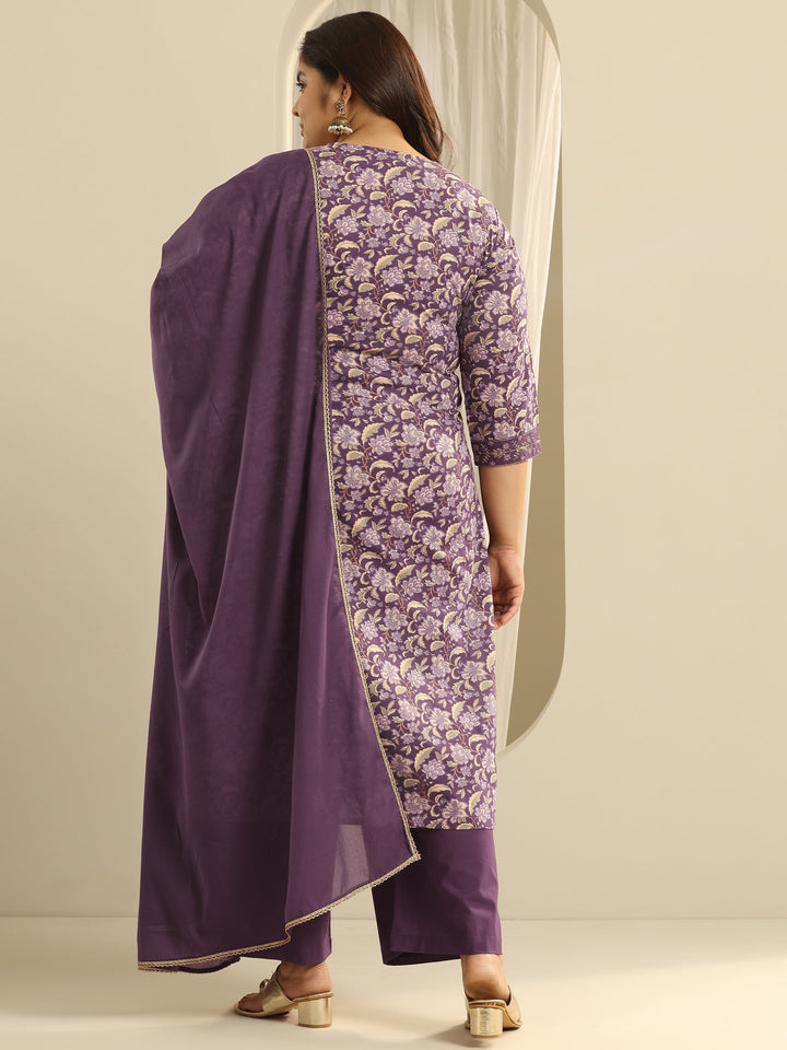 Plus Size Purple Yoke Design Cotton Straight Suit Set With Dupatta
