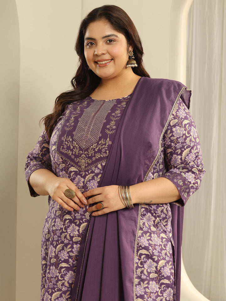 Plus Size Purple Yoke Design Cotton Straight Suit Set With Dupatta