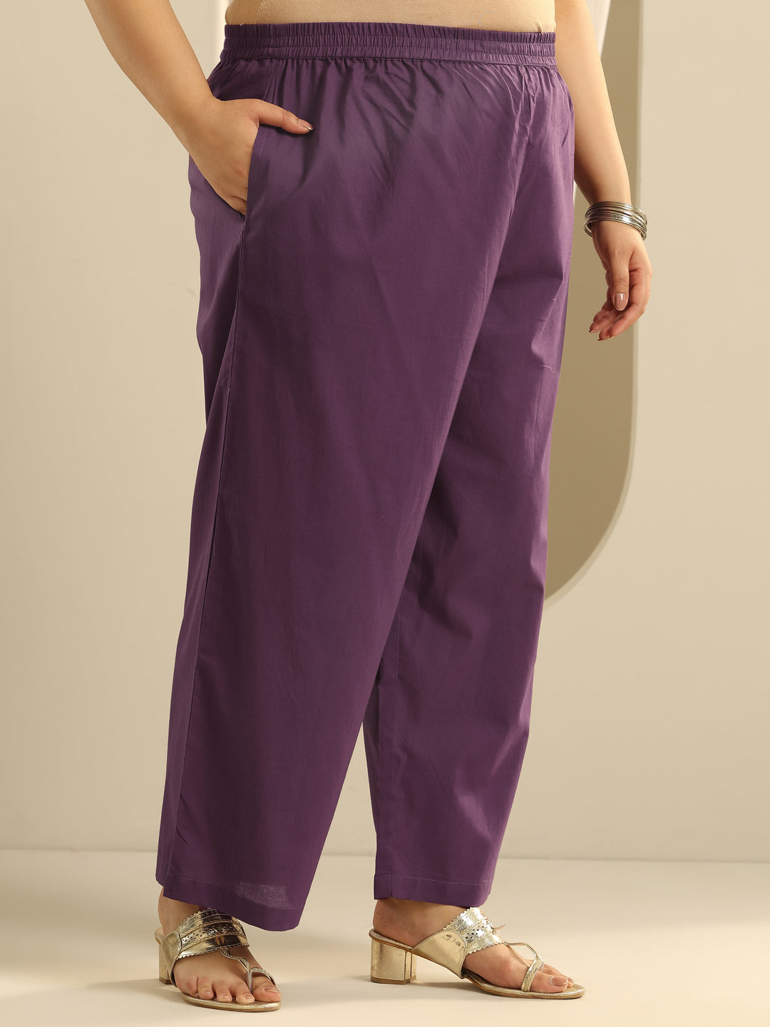 Plus Size Purple Yoke Design Cotton Straight Suit Set With Dupatta