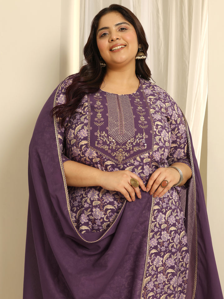 Plus Size Purple Yoke Design Cotton Straight Suit Set With Dupatta