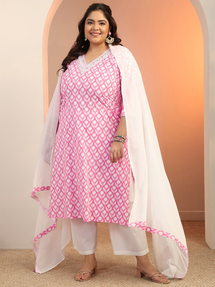 Plus Size Pink Yoke Design Cotton Straight Suit Set With Dupatta