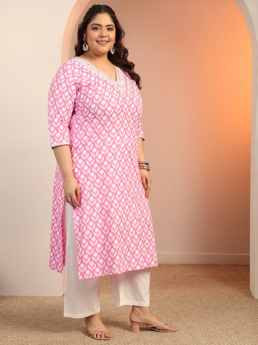 Plus Size Pink Yoke Design Cotton Straight Suit Set With Dupatta