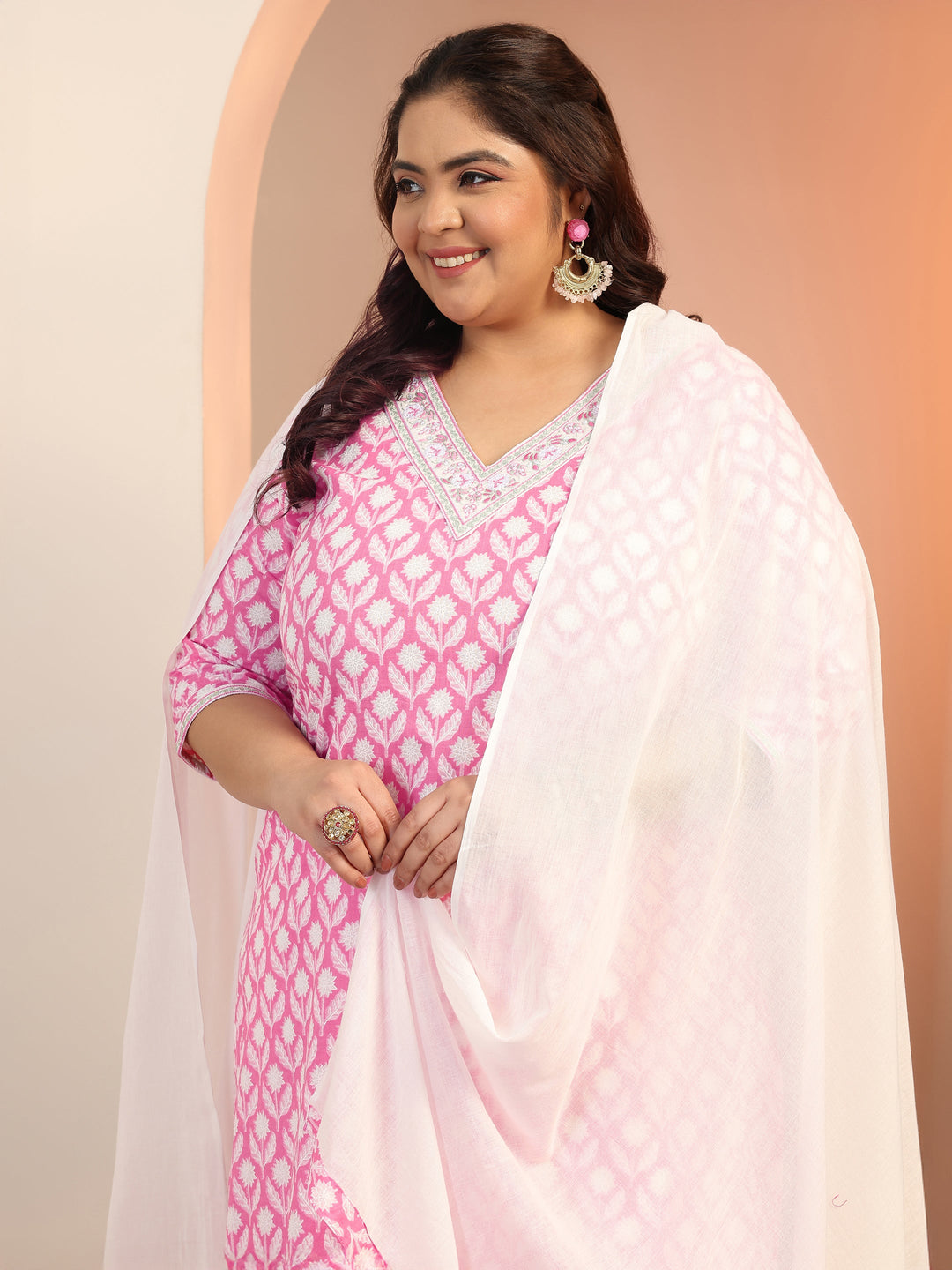Plus Size Pink Yoke Design Cotton Straight Suit Set With Dupatta