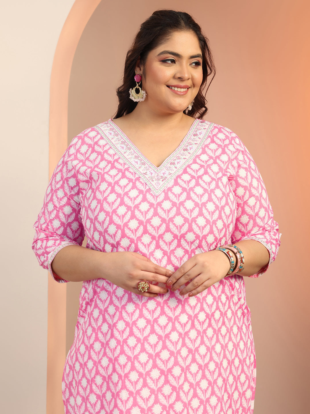 Plus Size Pink Yoke Design Cotton Straight Suit Set With Dupatta