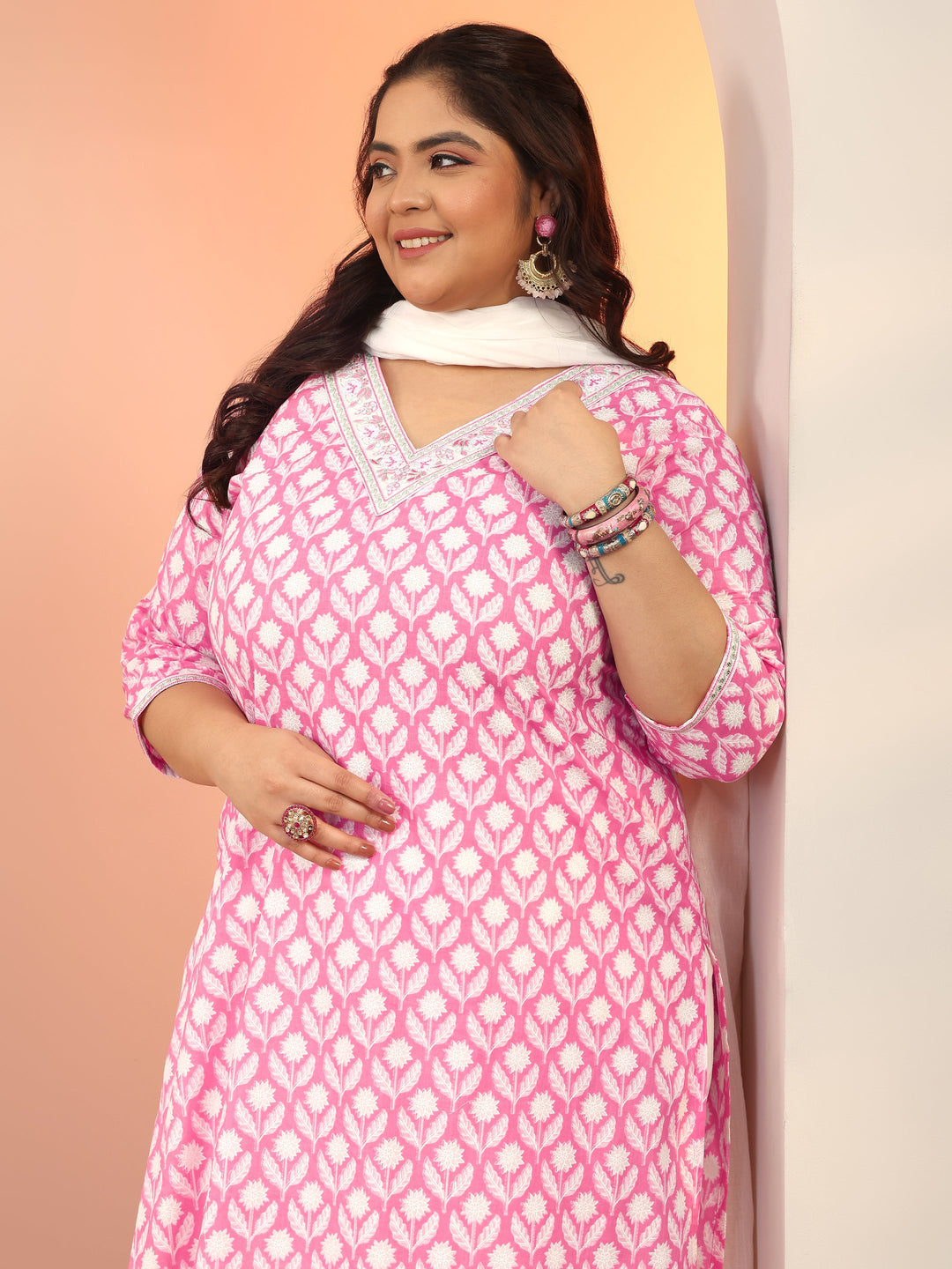 Plus Size Pink Yoke Design Cotton Straight Suit Set With Dupatta