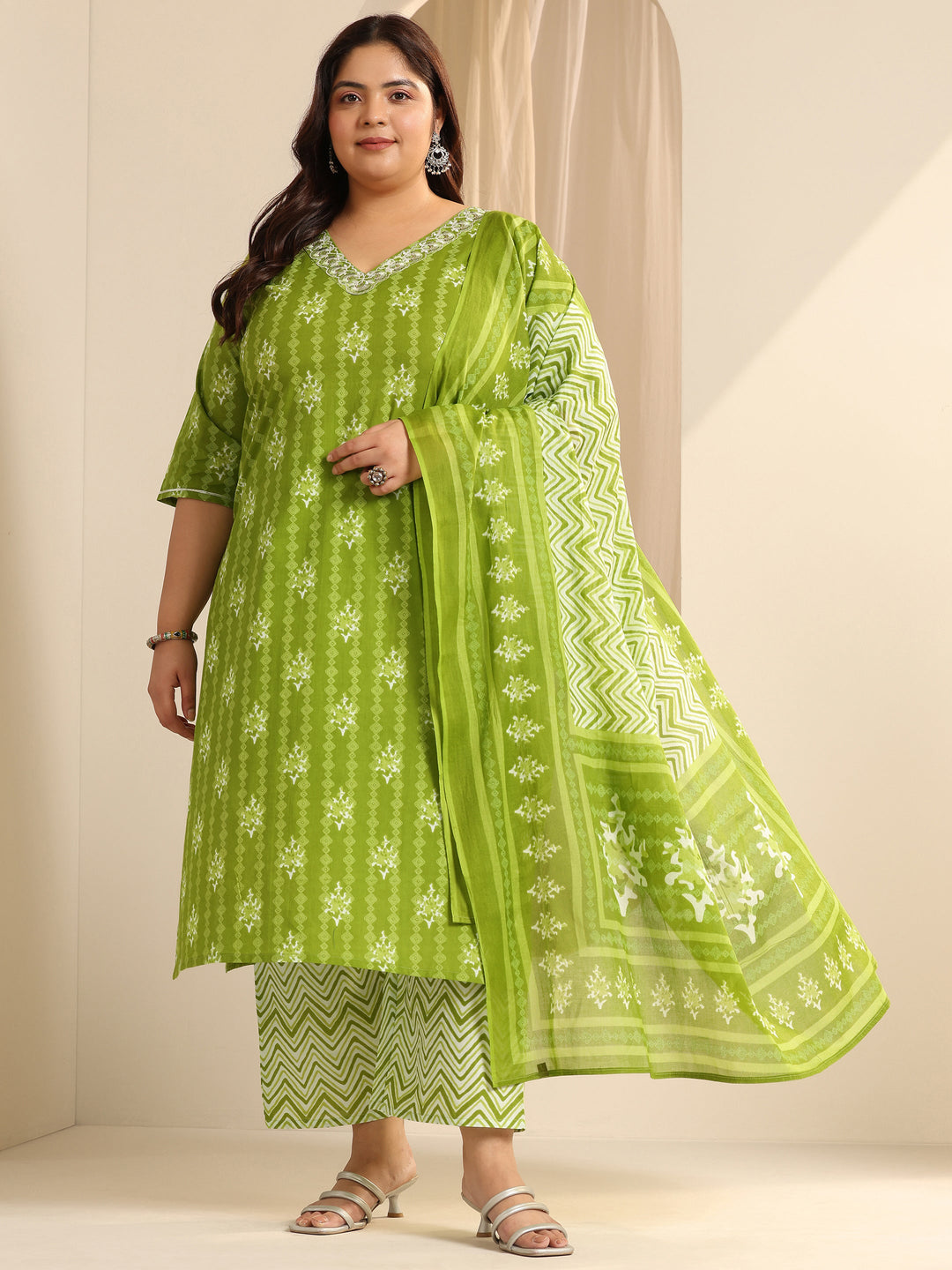 Green Printed Cotton Straight Suit Set With Dupatta