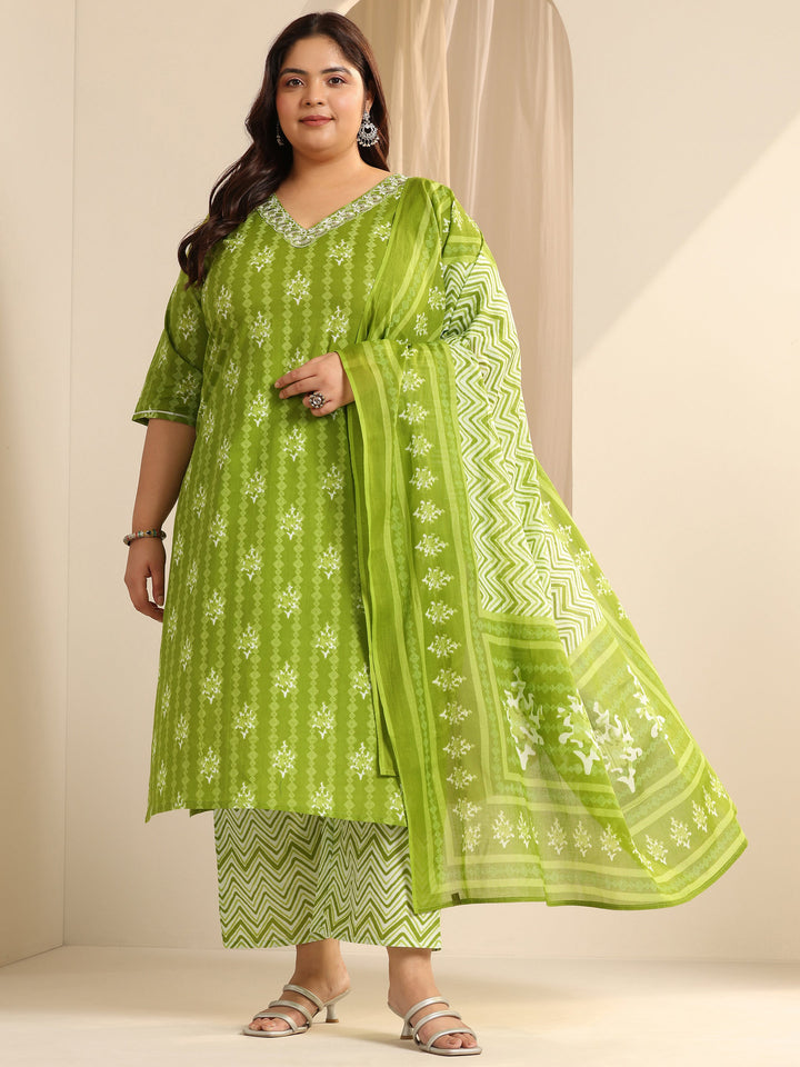Green Printed Cotton Straight Suit Set With Dupatta