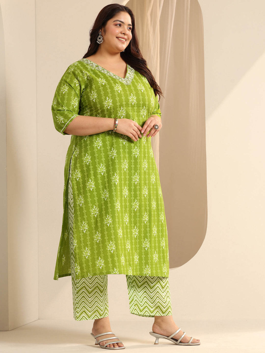 Green Printed Cotton Straight Suit Set With Dupatta