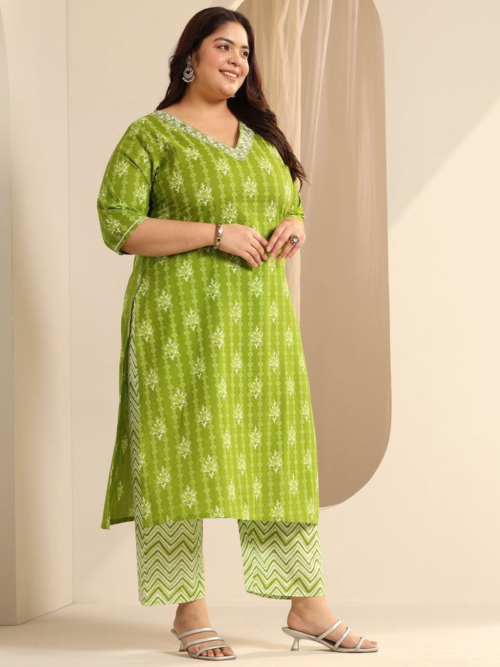 Green Printed Cotton Straight Suit Set With Dupatta