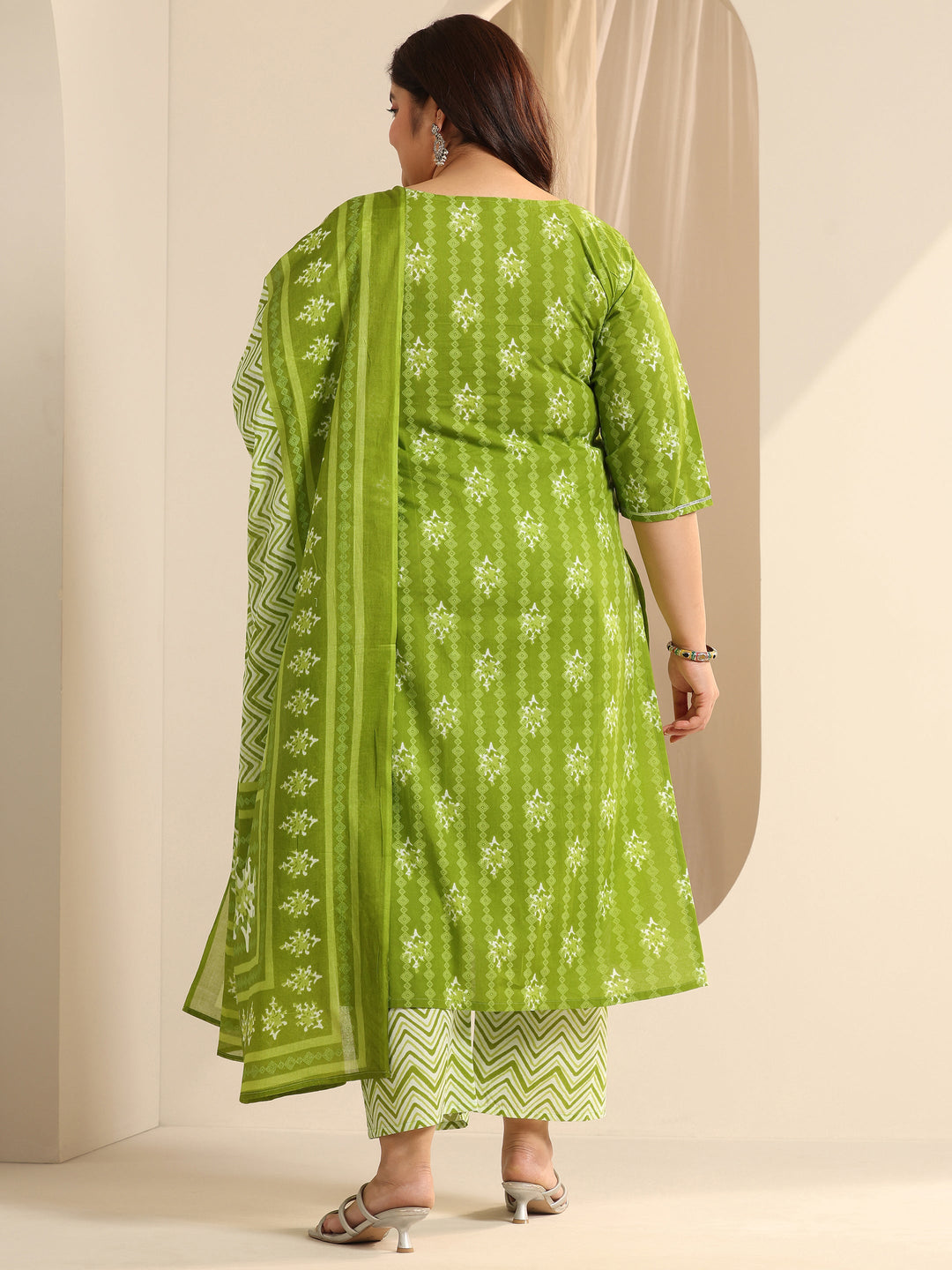Green Printed Cotton Straight Suit Set With Dupatta