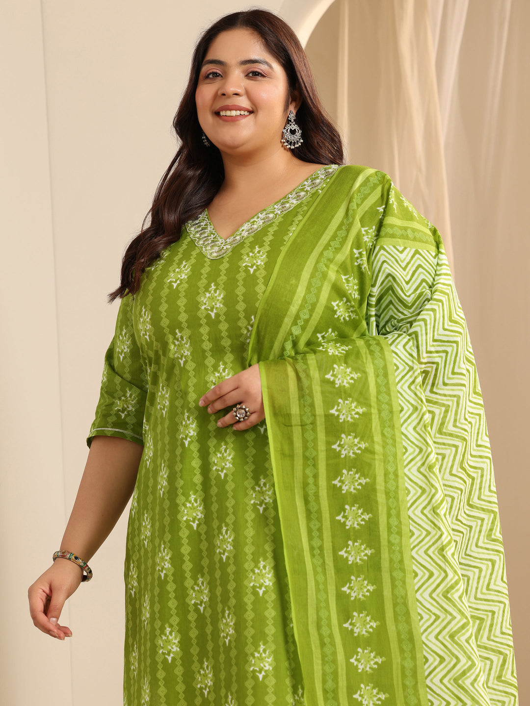Green Printed Cotton Straight Suit Set With Dupatta