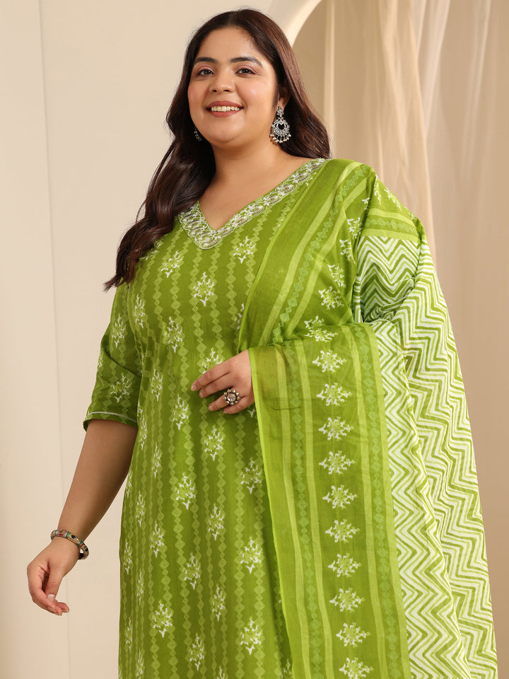 Green Printed Cotton Straight Suit Set With Dupatta