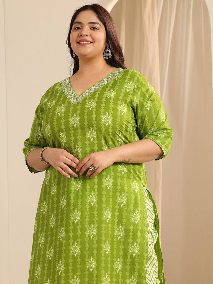 Green Printed Cotton Straight Suit Set With Dupatta