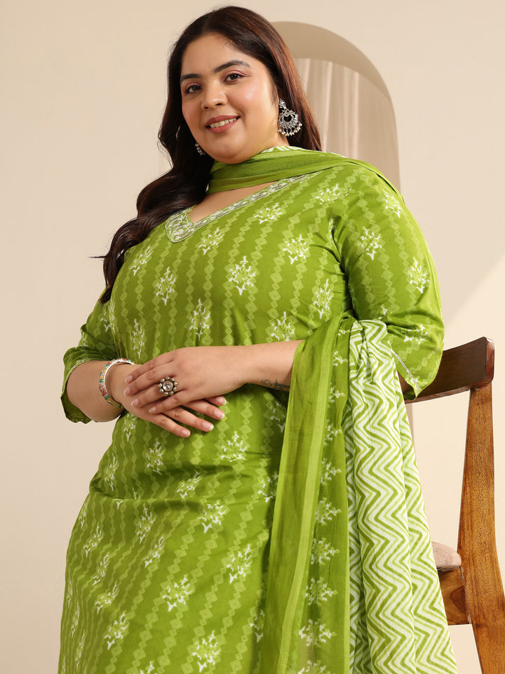 Green Printed Cotton Straight Suit Set With Dupatta