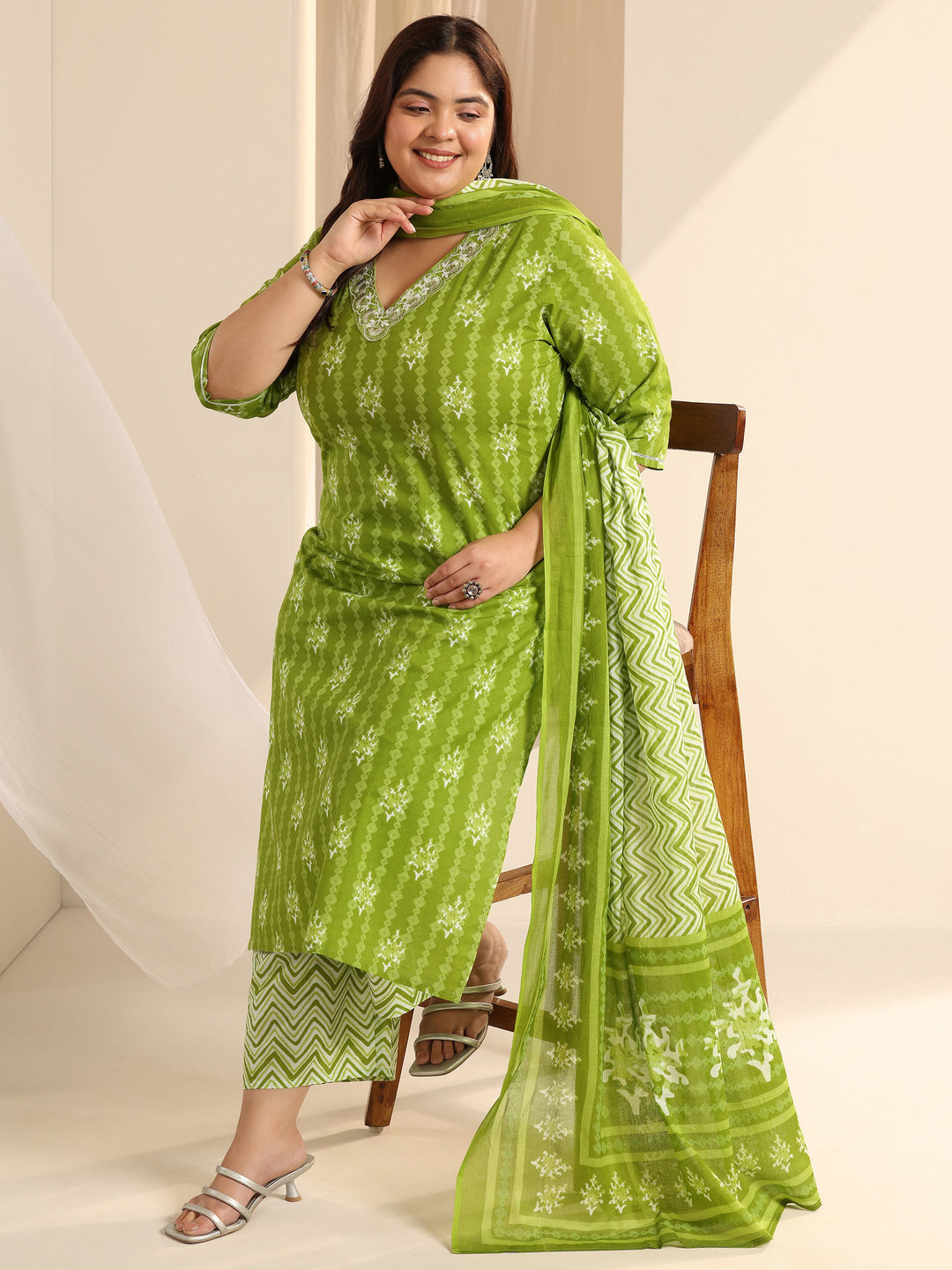 Green Printed Cotton Straight Suit Set With Dupatta