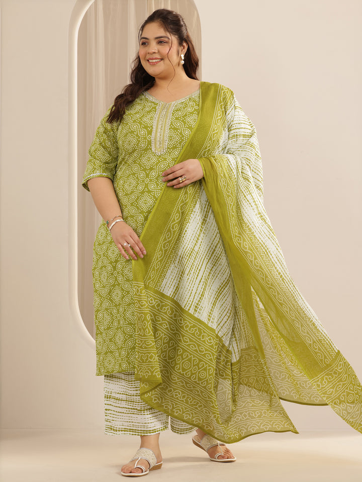 Plus Size Green Printed Cotton Straight Suit Set With Dupatta