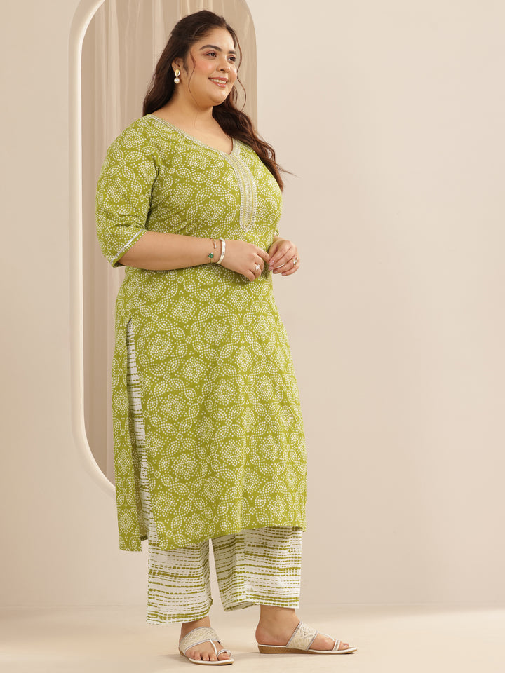 Plus Size Green Printed Cotton Straight Suit Set With Dupatta