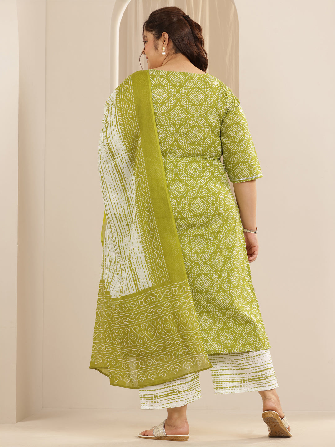 Plus Size Green Printed Cotton Straight Suit Set With Dupatta