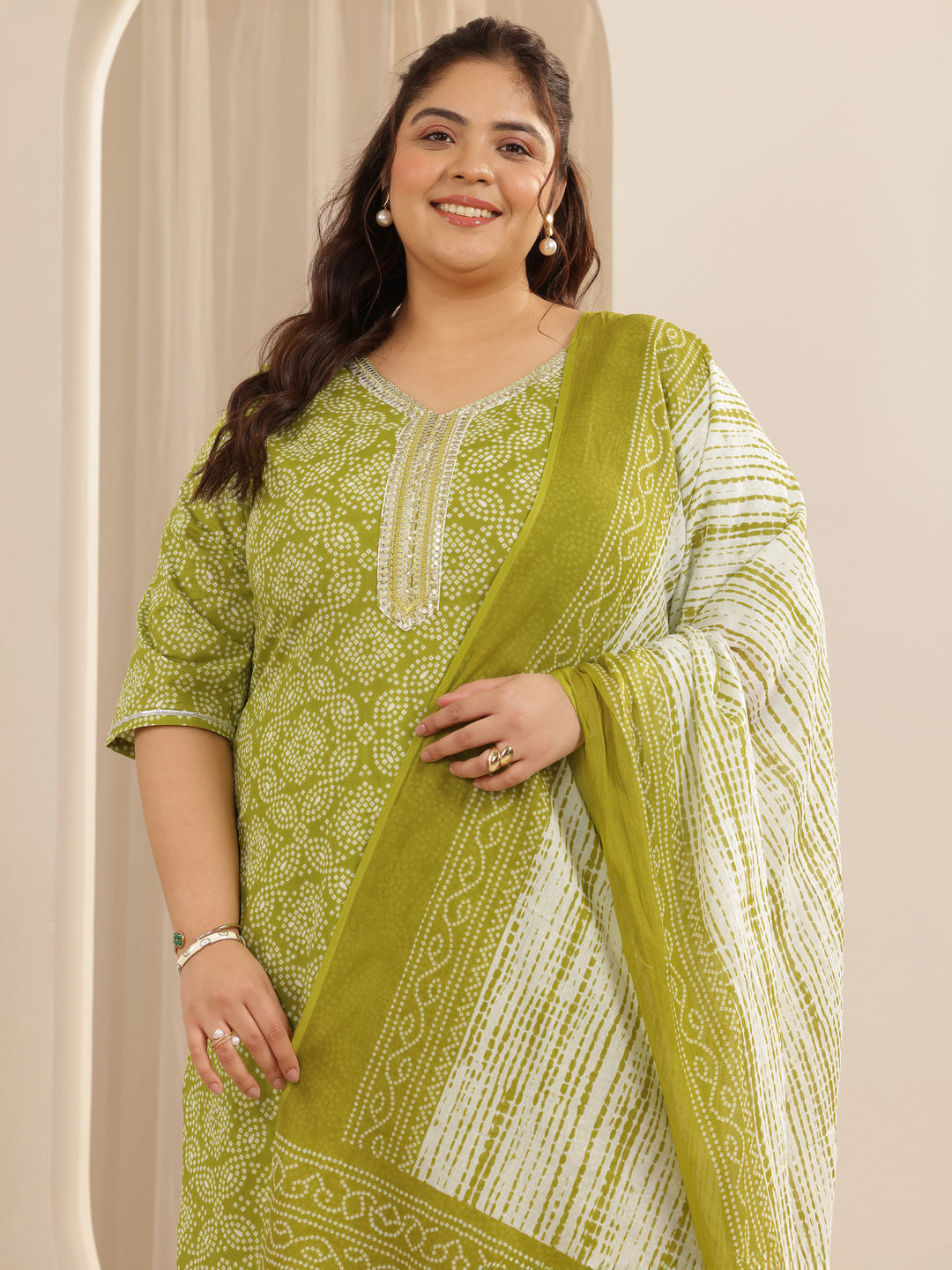 Plus Size Green Printed Cotton Straight Suit Set With Dupatta