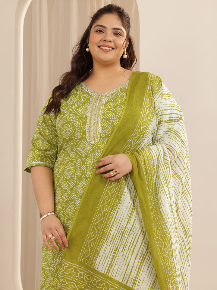 Plus Size Green Printed Cotton Straight Suit Set With Dupatta