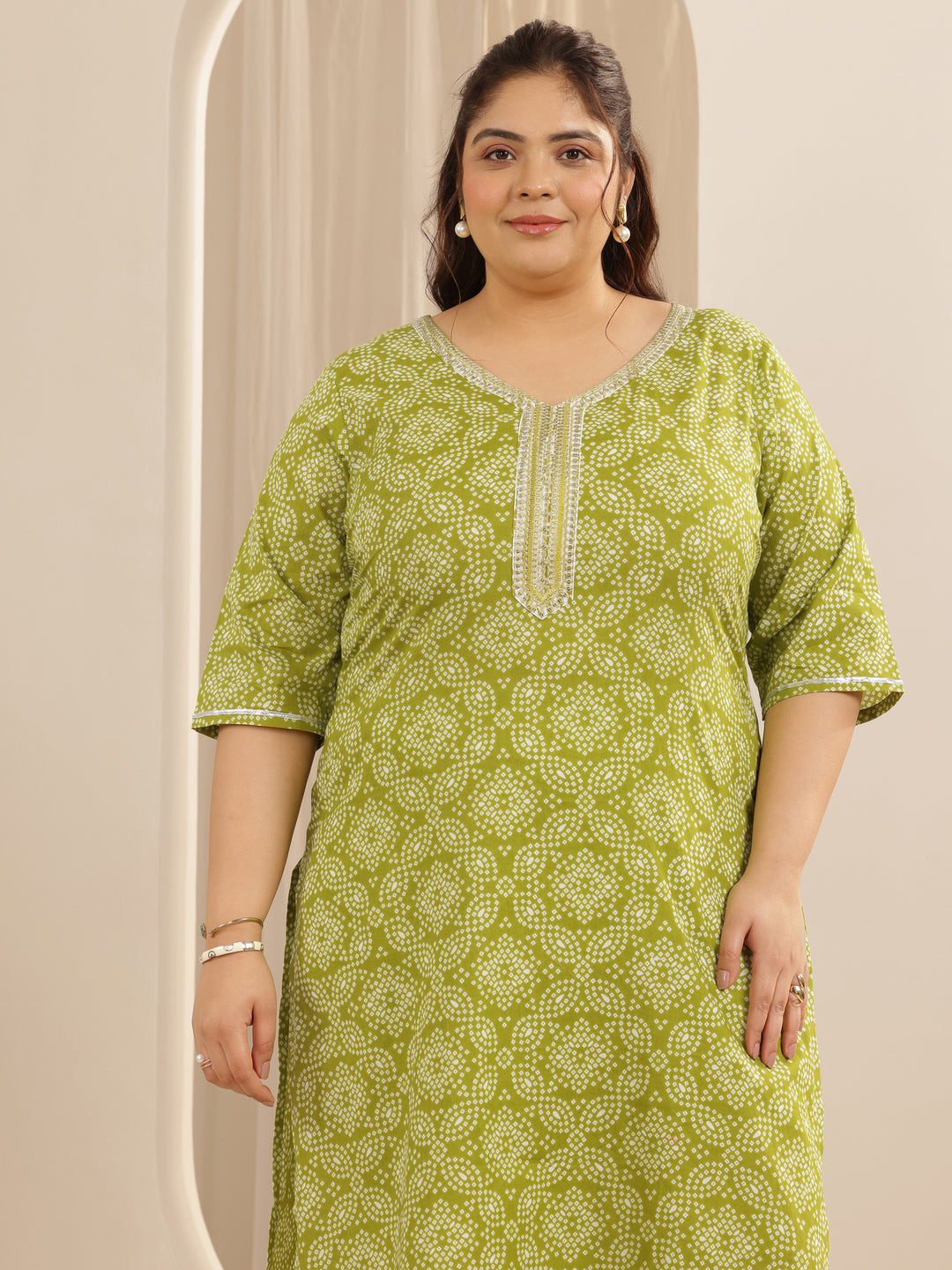 Plus Size Green Printed Cotton Straight Suit Set With Dupatta