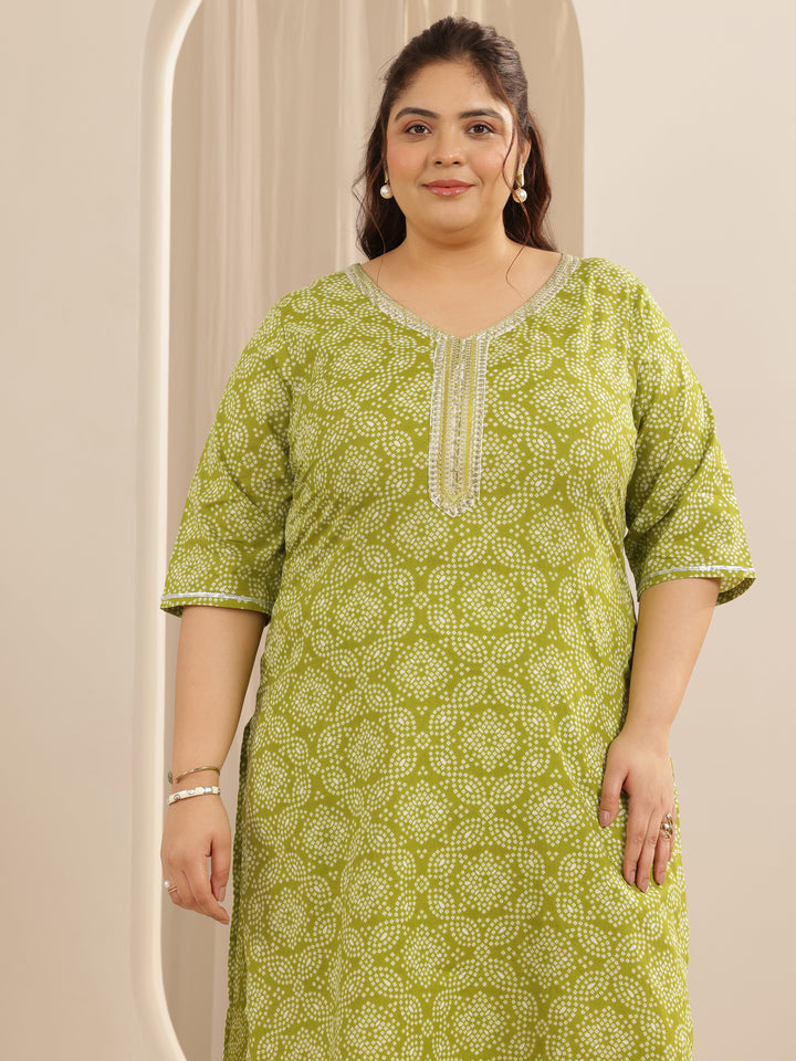 Plus Size Green Printed Cotton Straight Suit Set With Dupatta
