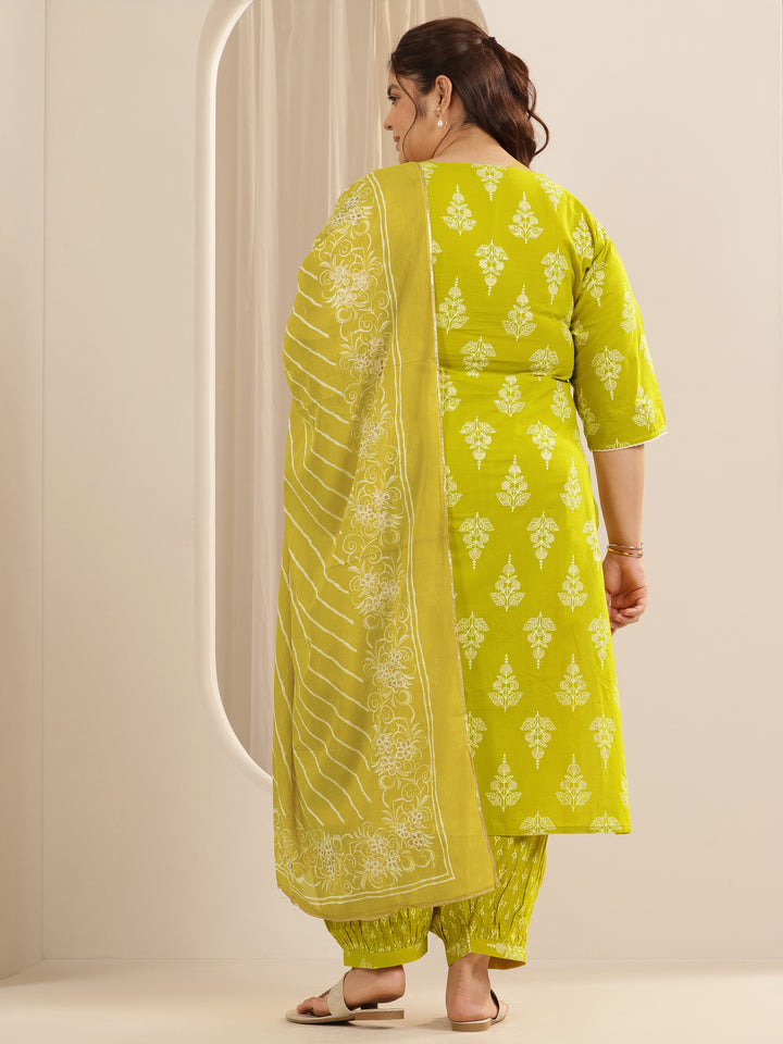 Plus Size Green Printed Cotton Straight Suit Set With Dupatta