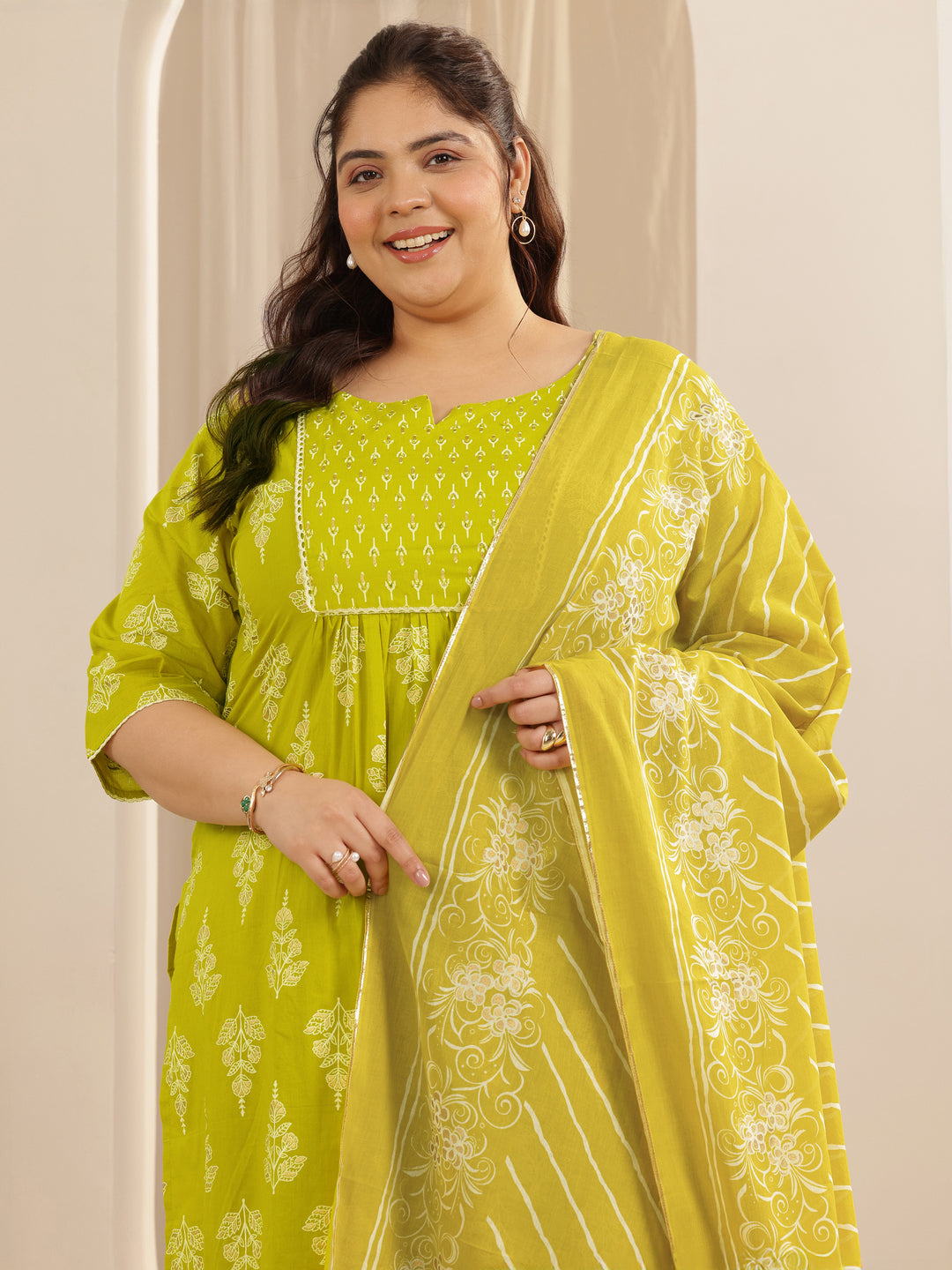 Plus Size Green Printed Cotton Straight Suit Set With Dupatta
