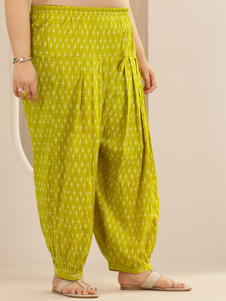 Plus Size Green Printed Cotton Straight Suit Set With Dupatta