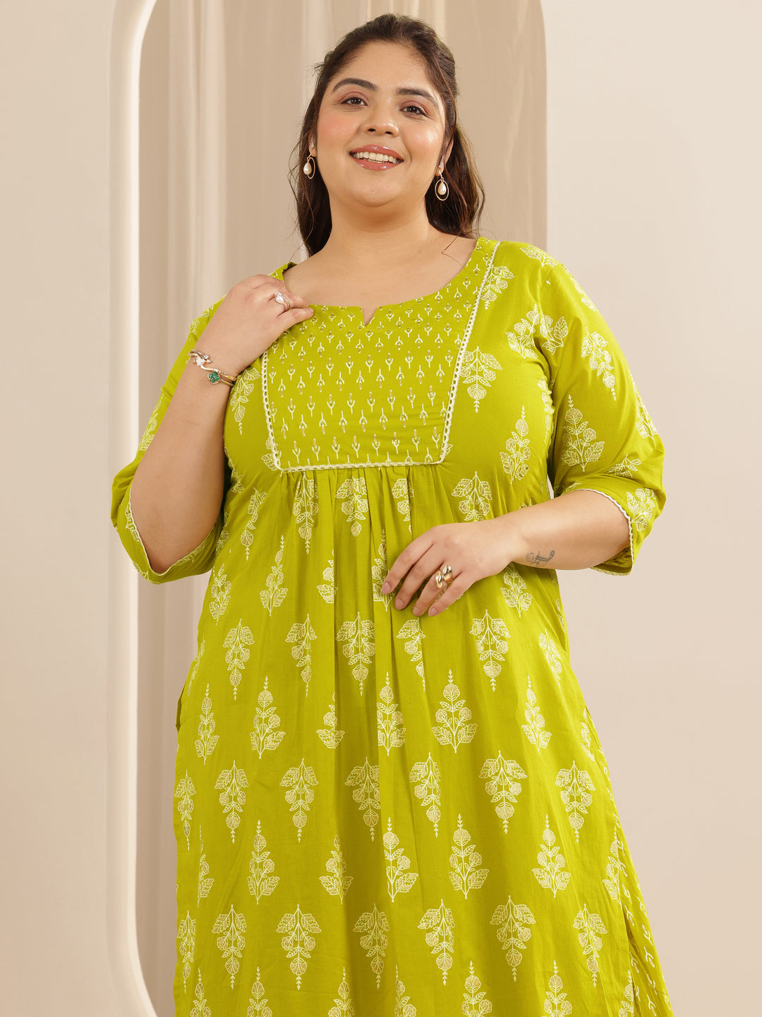 Plus Size Green Printed Cotton Straight Suit Set With Dupatta
