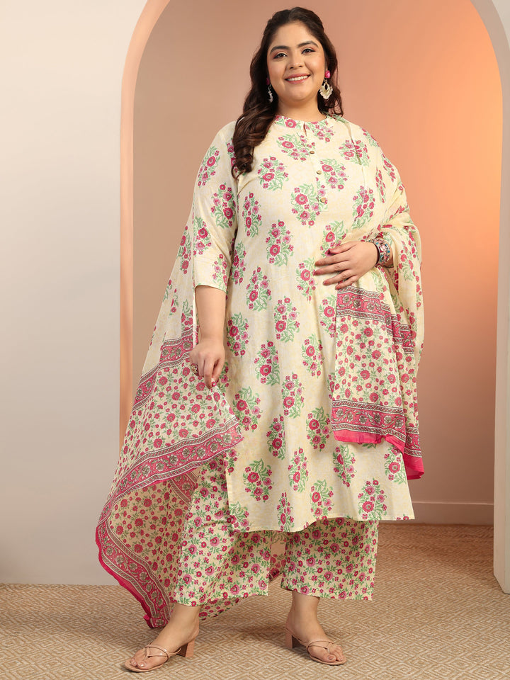 Plus Size Off white Floral Printed Cotton Straight Suit Set With Dupatta