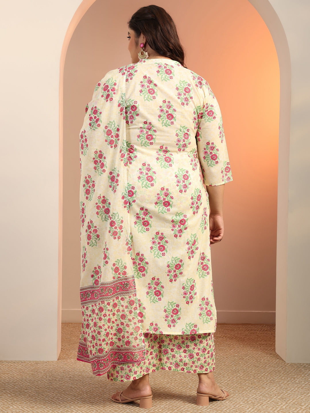 Plus Size Off white Floral Printed Cotton Straight Suit Set With Dupatta