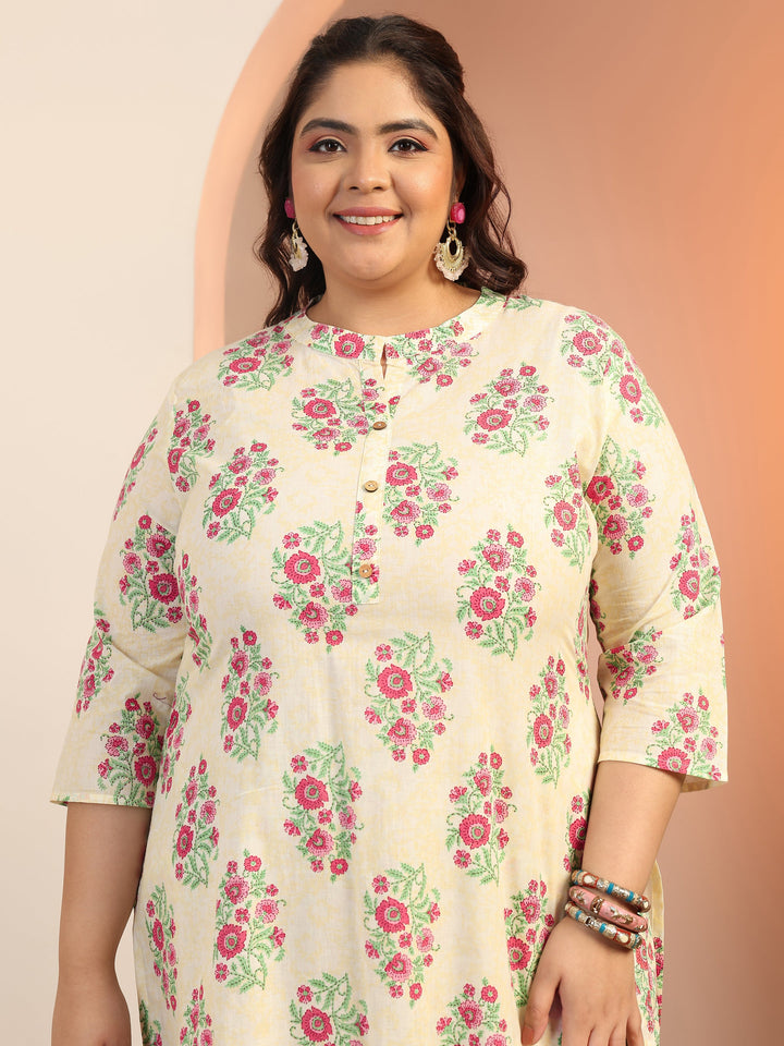 Plus Size Off white Floral Printed Cotton Straight Suit Set With Dupatta
