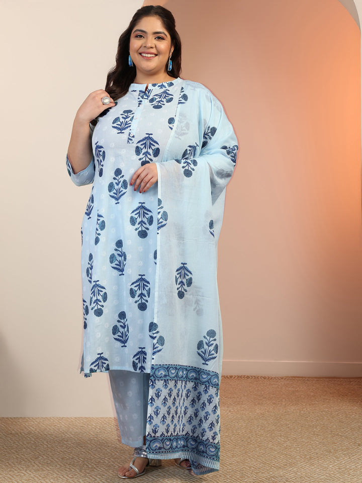 Plus Size Blue Floral Printed Cotton Straight Suit Set With Dupatta