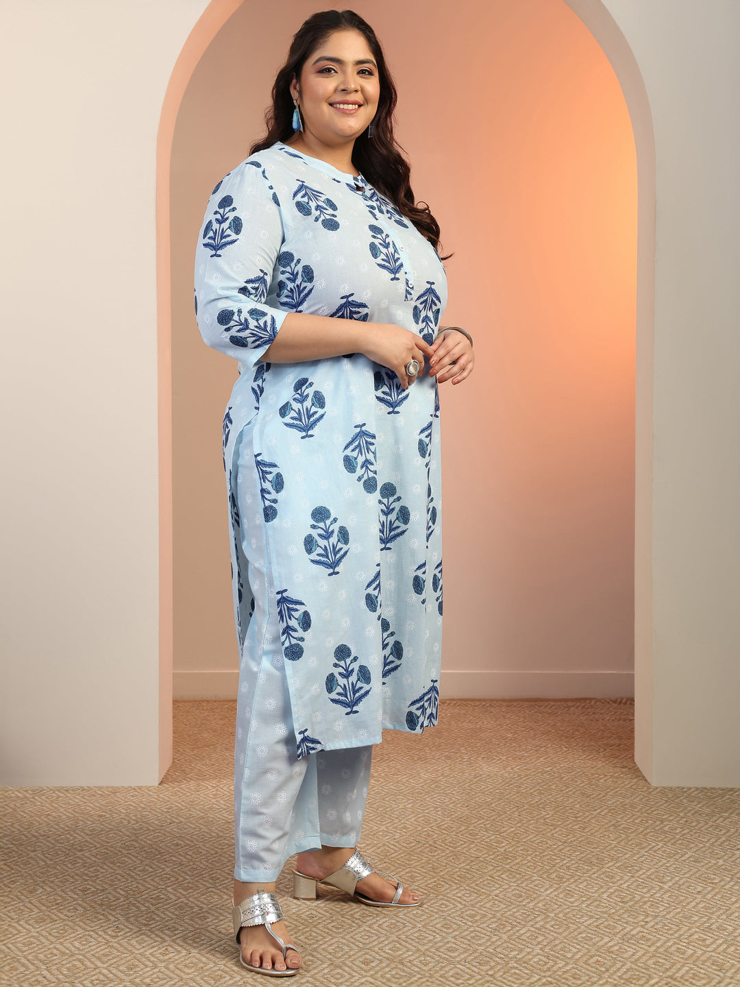 Plus Size Blue Floral Printed Cotton Straight Suit Set With Dupatta