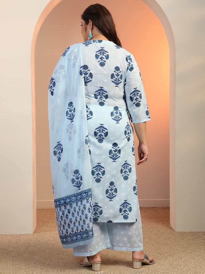 Plus Size Blue Floral Printed Cotton Straight Suit Set With Dupatta