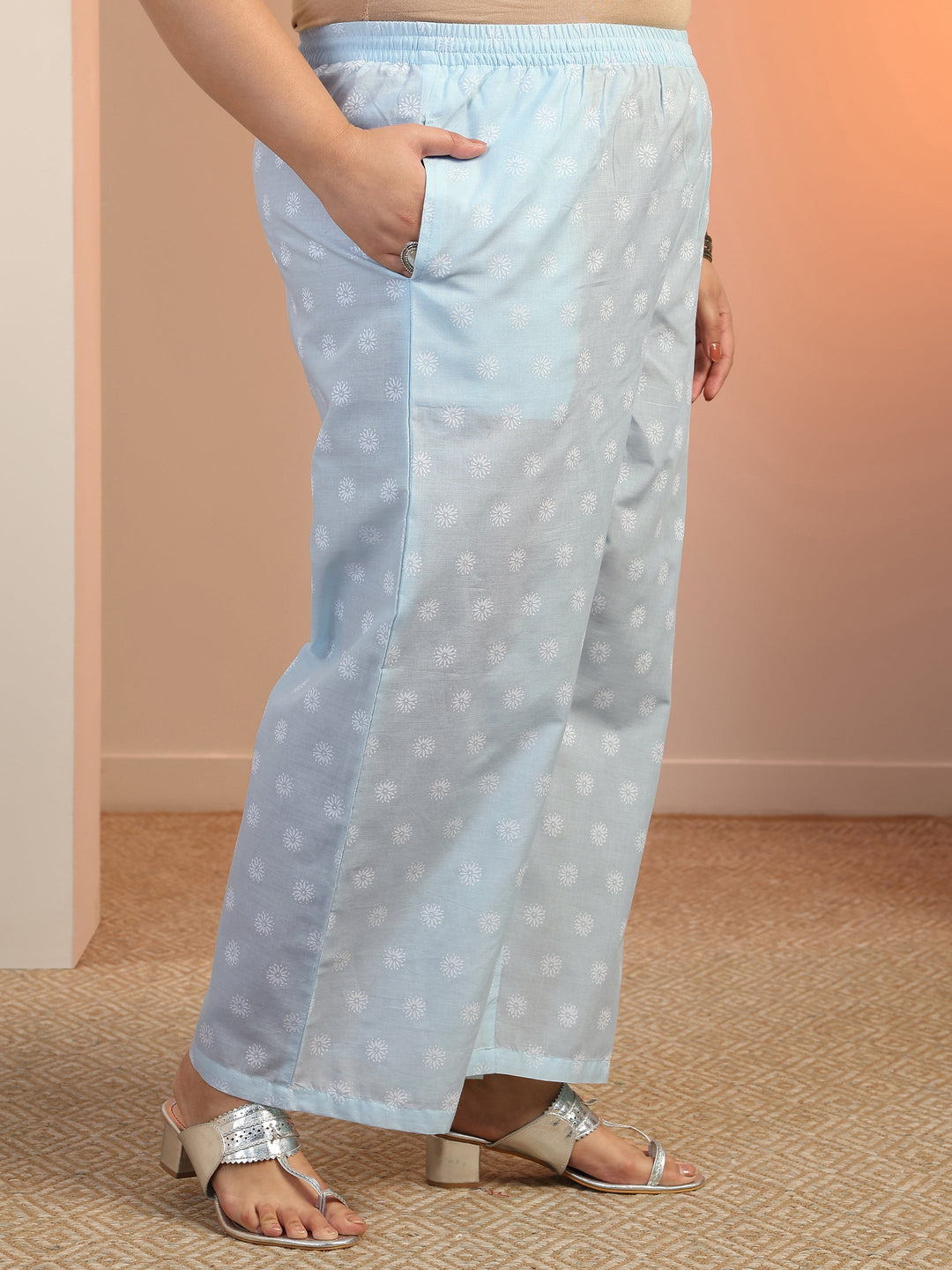 Plus Size Blue Floral Printed Cotton Straight Suit Set With Dupatta