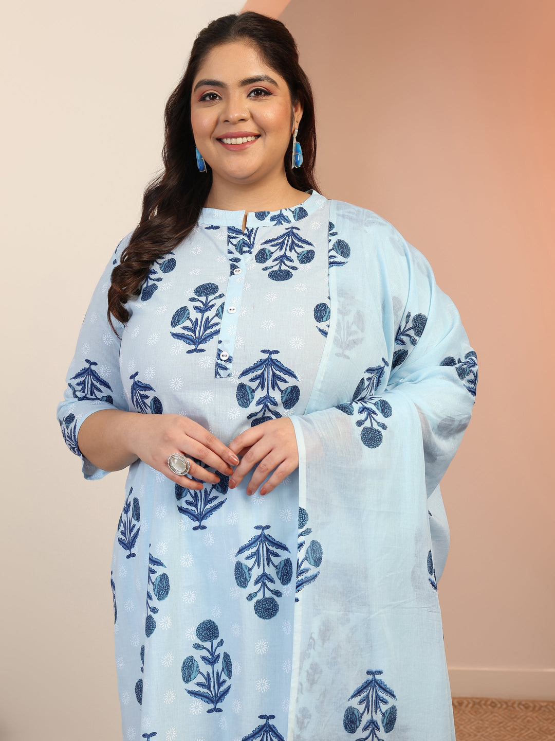 Plus Size Blue Floral Printed Cotton Straight Suit Set With Dupatta