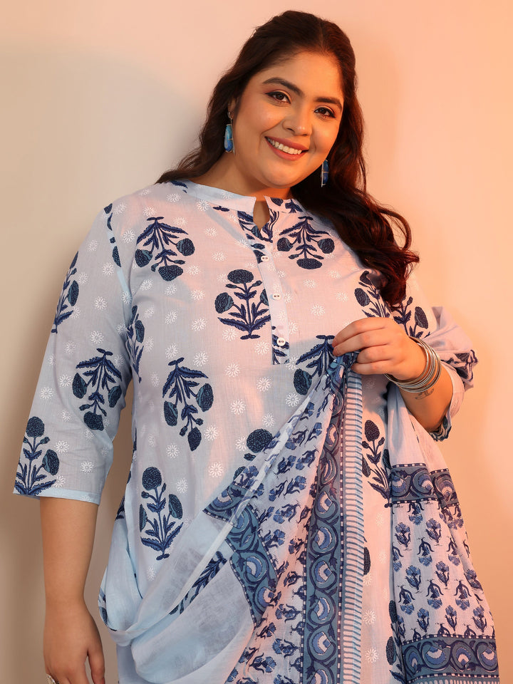 Plus Size Blue Floral Printed Cotton Straight Suit Set With Dupatta
