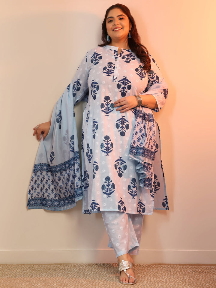 Plus Size Blue Floral Printed Cotton Straight Suit Set With Dupatta