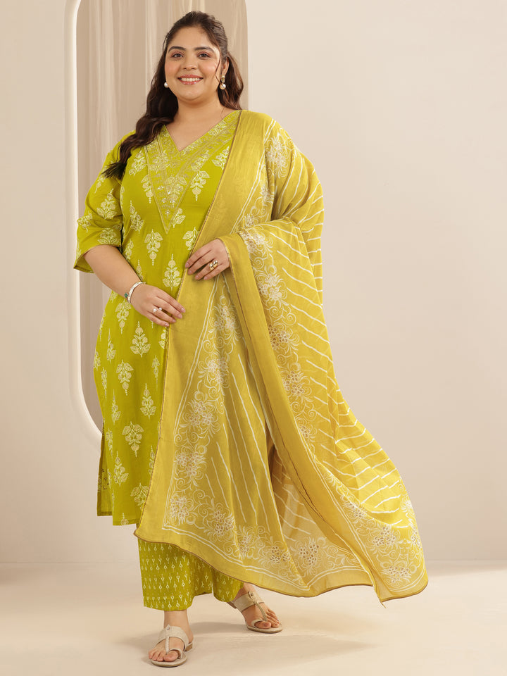 Plus Size Mustard Printed Cotton Straight Suit Set With Dupatta