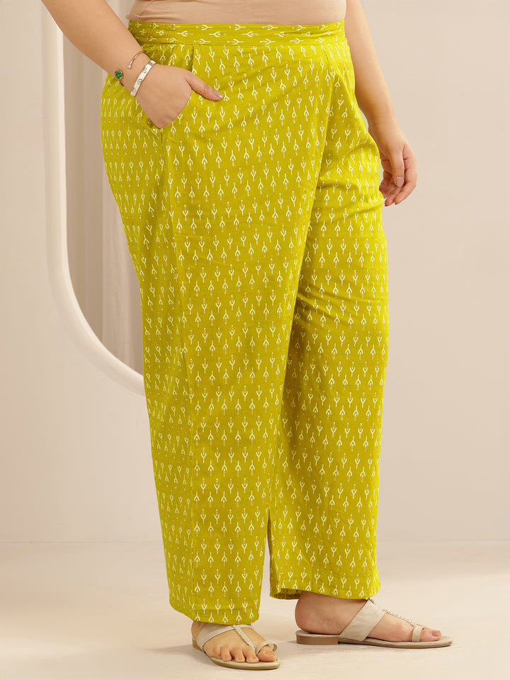 Plus Size Mustard Printed Cotton Straight Suit Set With Dupatta