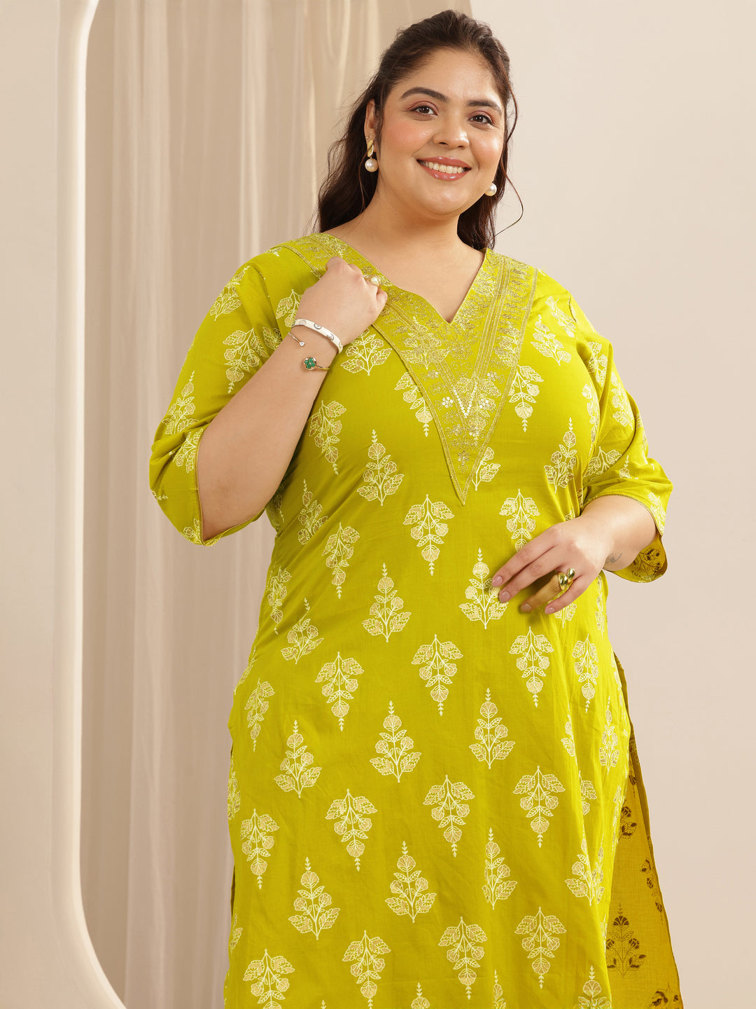 Plus Size Mustard Printed Cotton Straight Suit Set With Dupatta